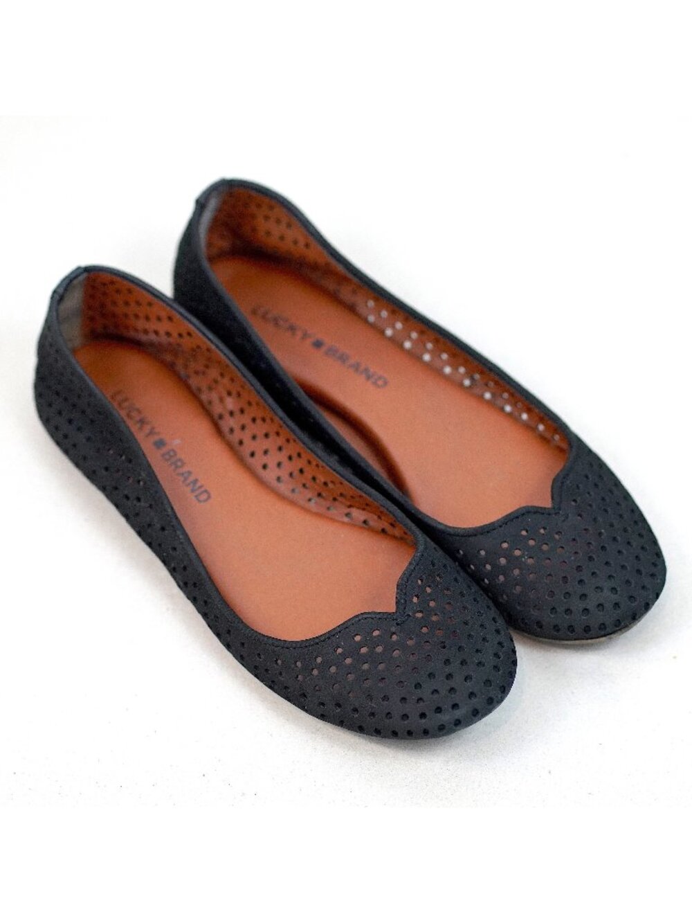 Lucky Brand Black Perforated Ballet Flats with Tan Insole